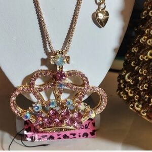 Betsey Johnson Pink Rhinestone Cross/Crown Necklace